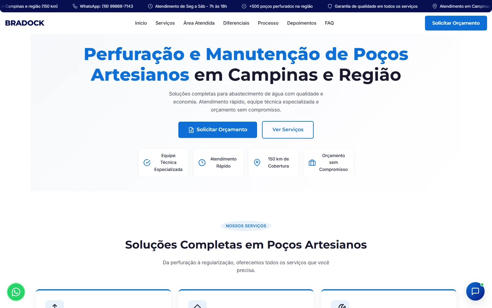 Página inicial do site da Bradock Poços Artesianos, com chamada para solicitar orçamento de perfuração de poço