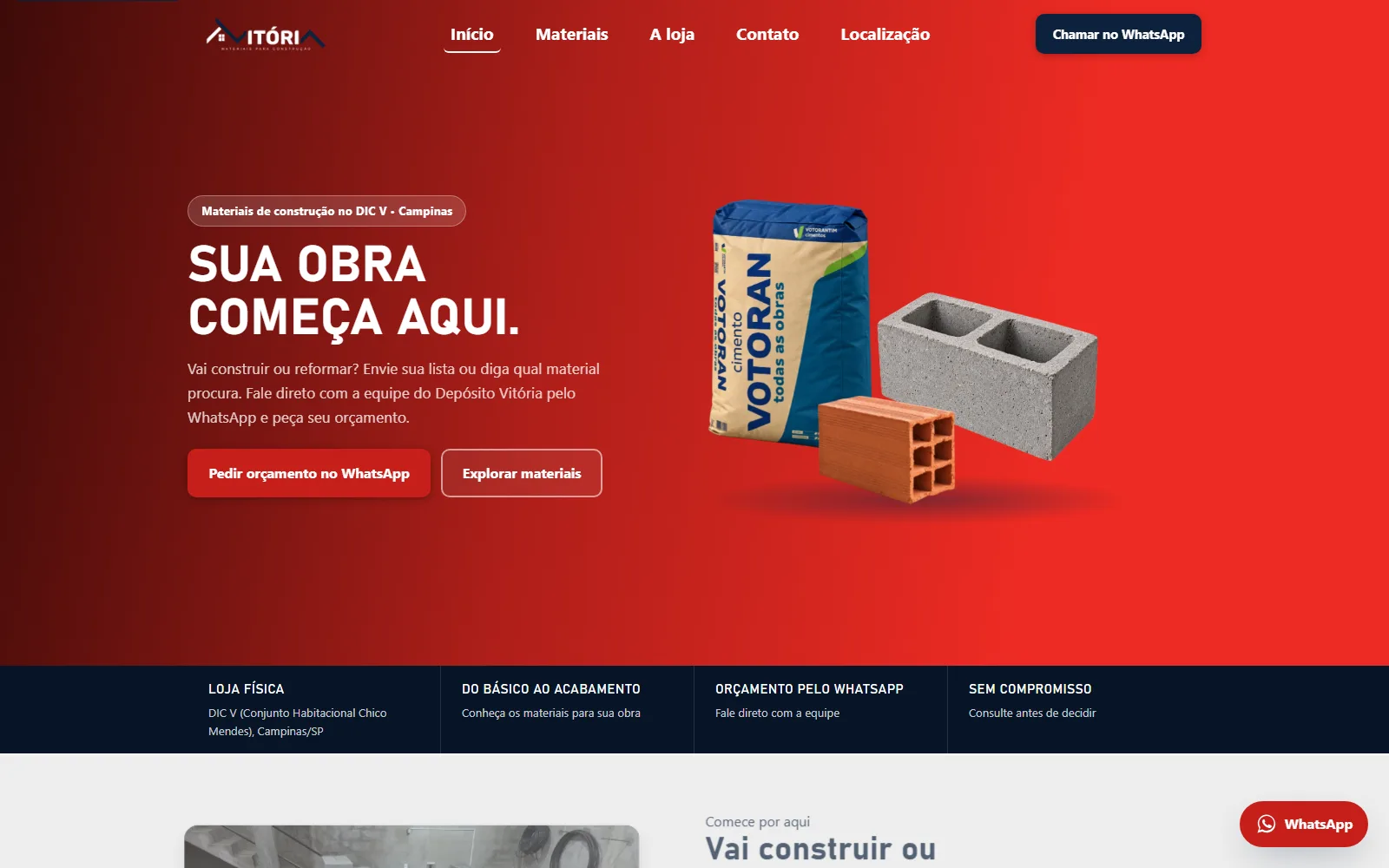 Página inicial do site do Depósito Vitória, com cimento e blocos de construção e chamada para orçamento via WhatsApp
