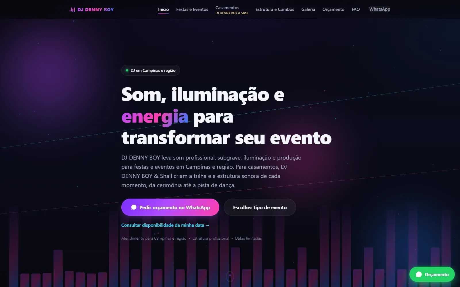 Página inicial do site do DJ Denny Boy, com chamada para pedir orçamento de som e iluminação via WhatsApp