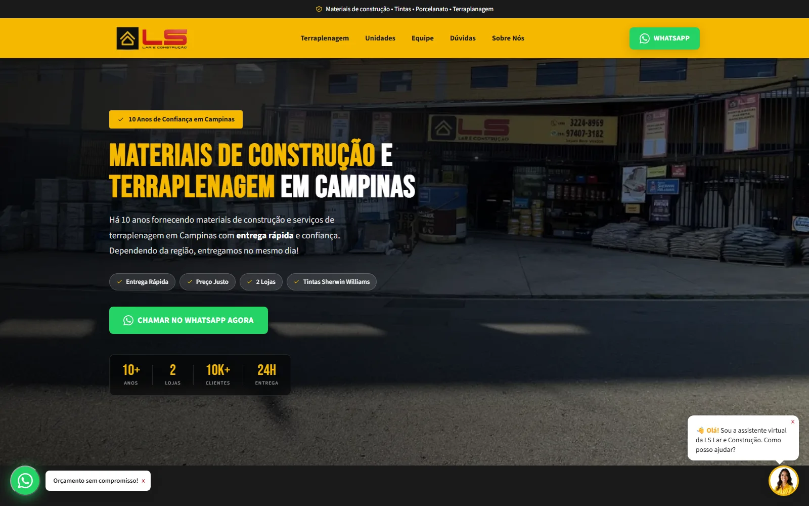 Página inicial do site da LS Lar e Construção, com fachada da loja e chamada para orçamento via WhatsApp