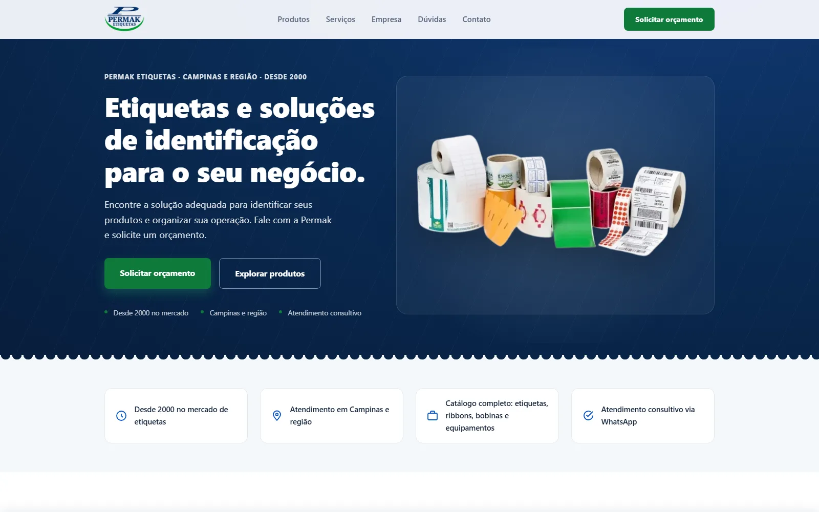 Página inicial do site da Permak Etiquetas, com bobinas e rótulos de identificação e chamada para solicitar orçamento
