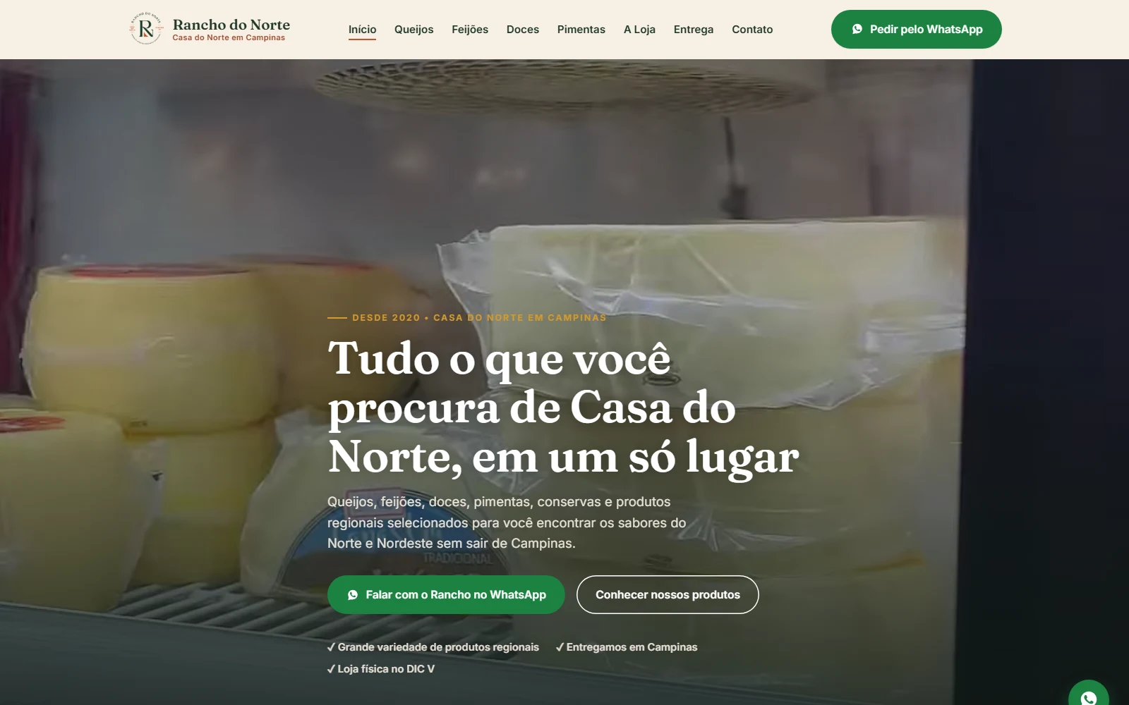 Página inicial do site do Rancho do Norte, com queijos e produtos regionais e chamada para pedido via WhatsApp