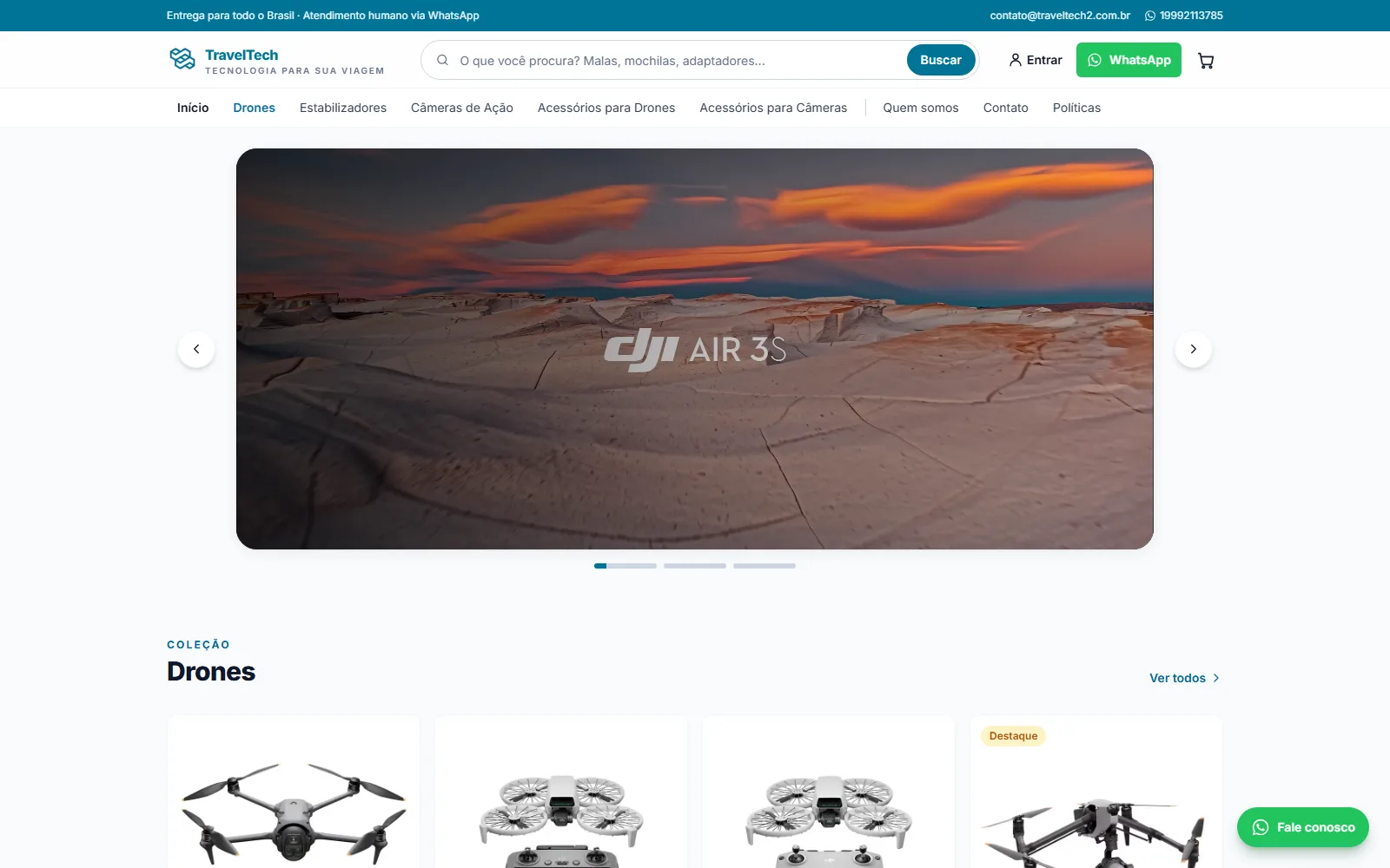 Página inicial da loja Traveltech, com drone em destaque e menu de categorias de produtos